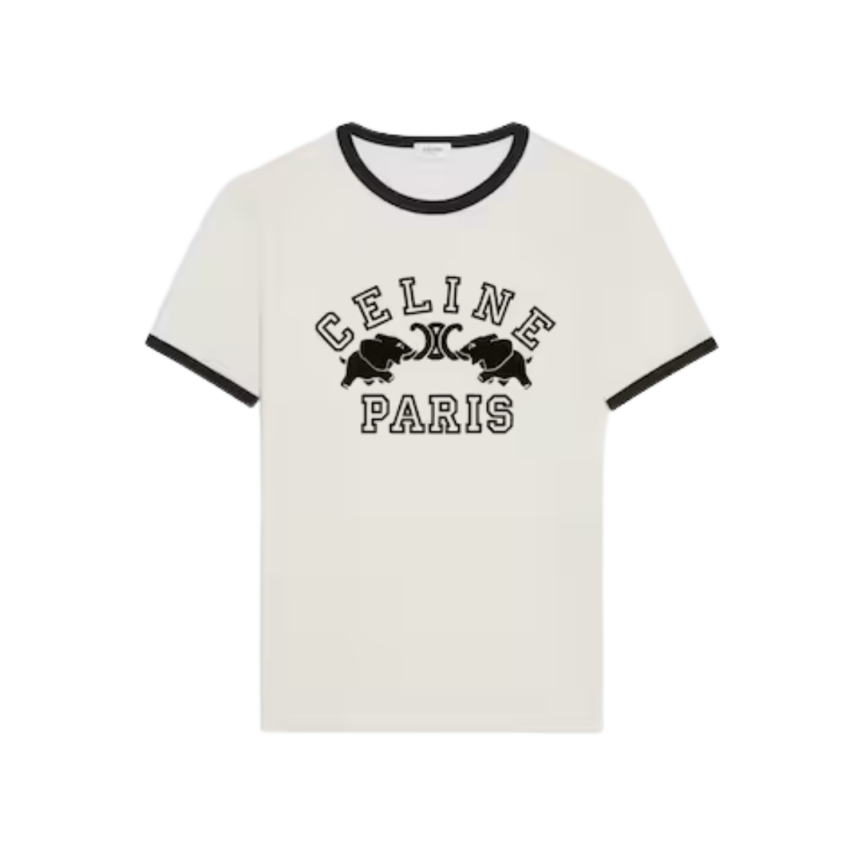 T-shirt CELINE manche courte col rond coton blanc motif éléphant noir
