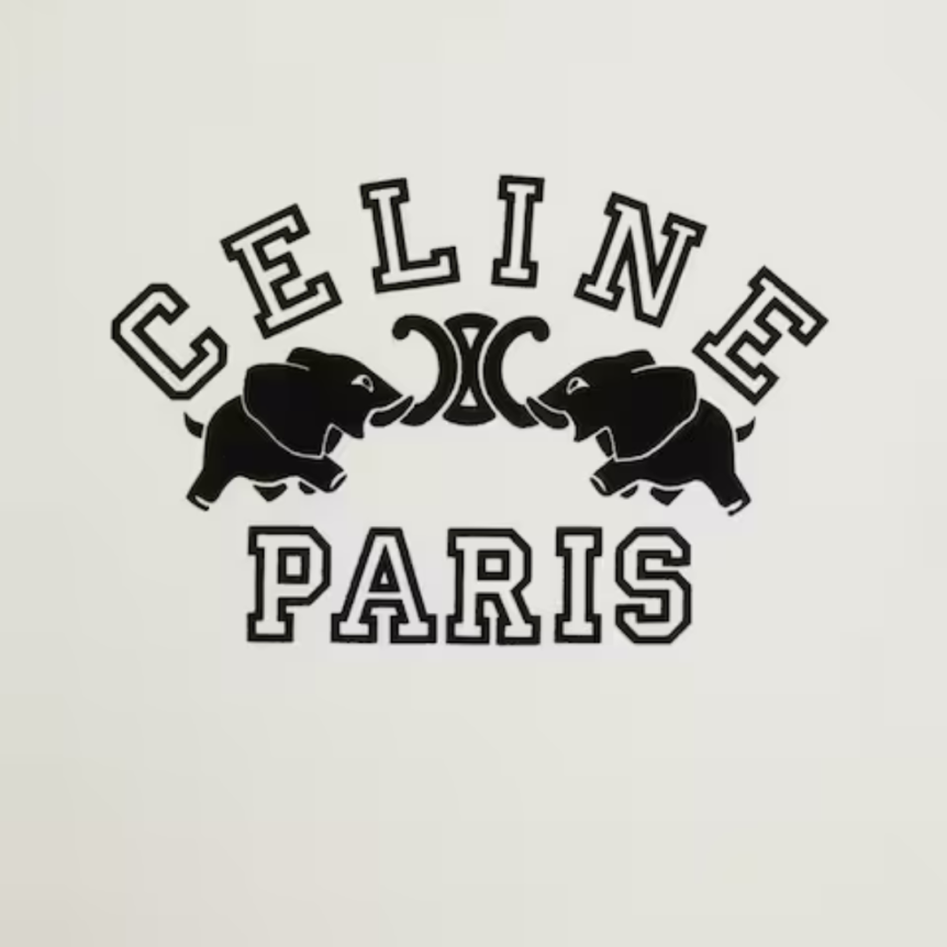 T-shirt CELINE manche courte col rond coton blanc motif éléphant noir