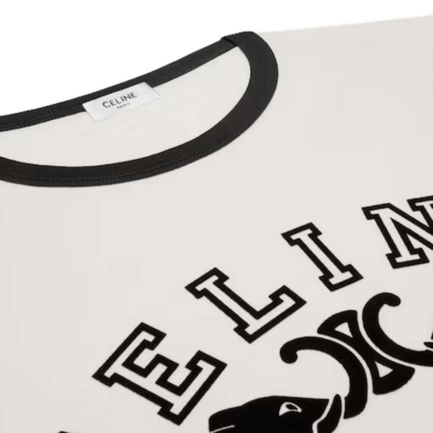 T-shirt CELINE manche courte col rond coton blanc motif éléphant noir