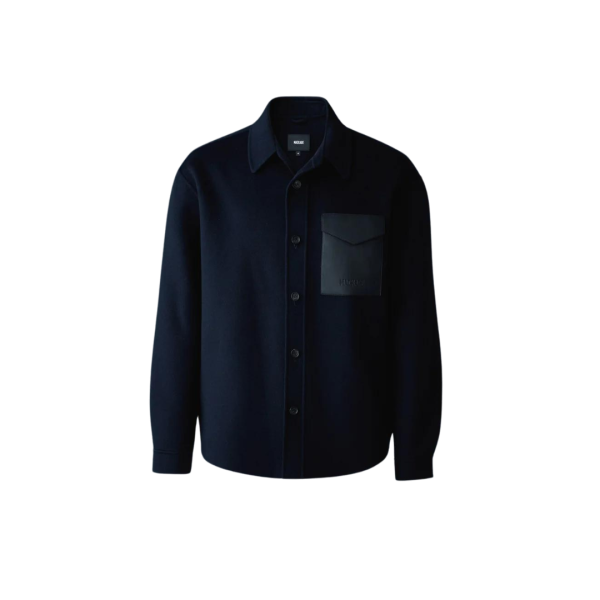 Surchemise MACKAGE Emmanuel laine flanelle bleu marine poche poitrine cuir
