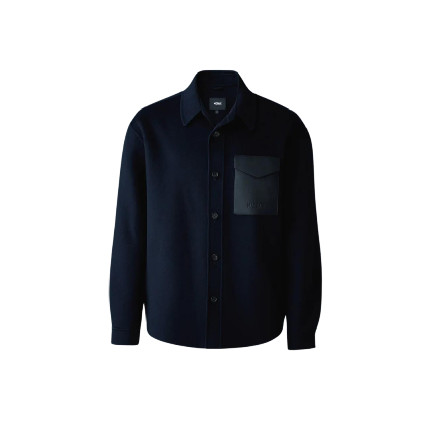 Surchemise MACKAGE Emmanuel laine flanelle bleu marine poche poitrine cuir