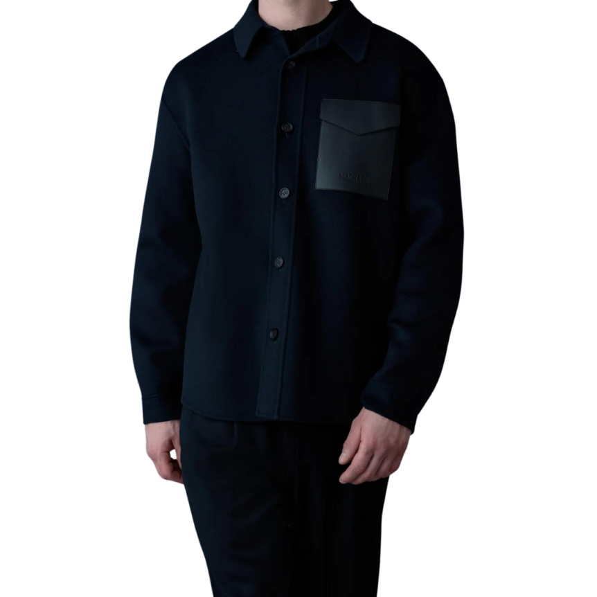 Surchemise MACKAGE Emmanuel laine flanelle bleu marine poche poitrine cuir