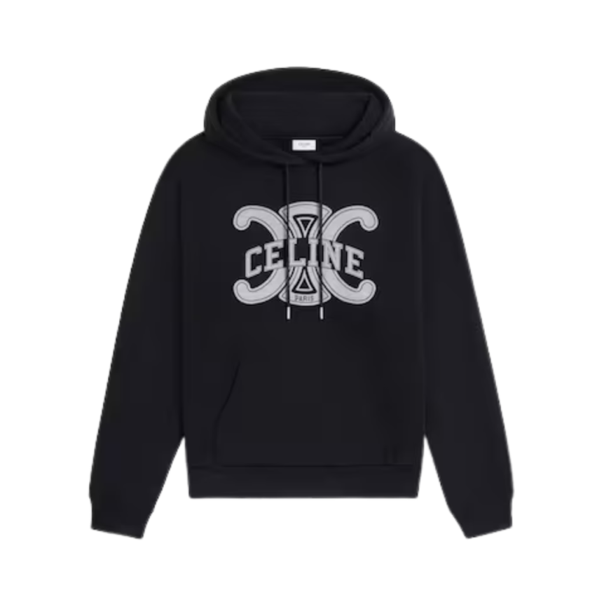 sweat à capuche ample coton polaire noir imprimé Celine Paris Triomphe gris