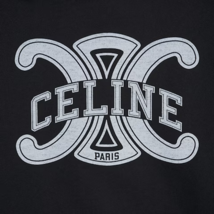 sweat à capuche ample coton polaire noir imprimé Celine Paris Triomphe gris