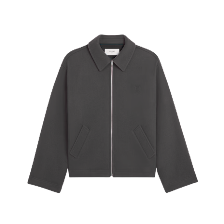 Veste zippée col chemise CELINE laine feutre noir broderie logo Triomphe noir
