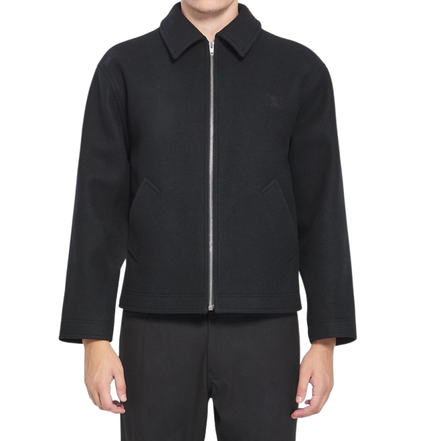 Veste zippée col chemise CELINE laine feutre noir broderie logo Triomphe noir
