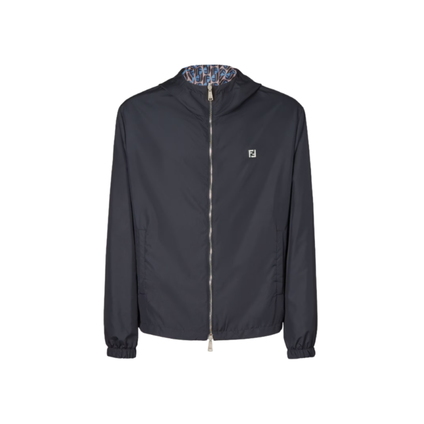 FENDI Blouson à capuche réversible nylon bleu marine FF métal