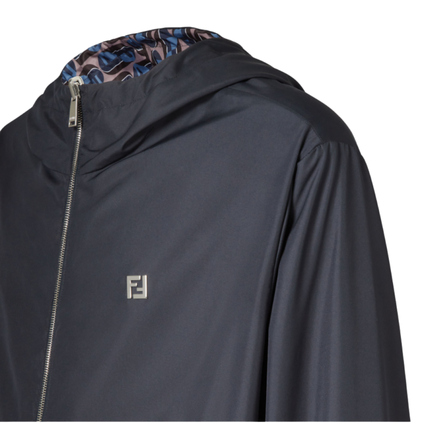 FENDI Blouson à capuche réversible nylon bleu marine FF métal