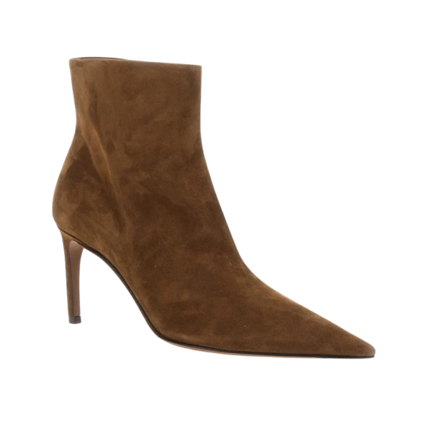 Bottines à talon DOLCE & GABBANA bout pointu daim marron noisette logo métal