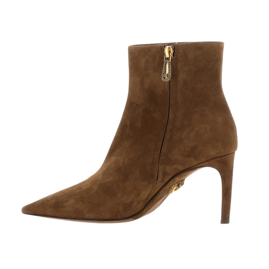 Bottines à talon DOLCE & GABBANA bout pointu daim marron noisette logo métal