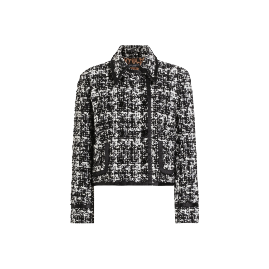 Veste courte croisée DOLCE & GABBANA laine mélangée tweed carreaux noir blanc