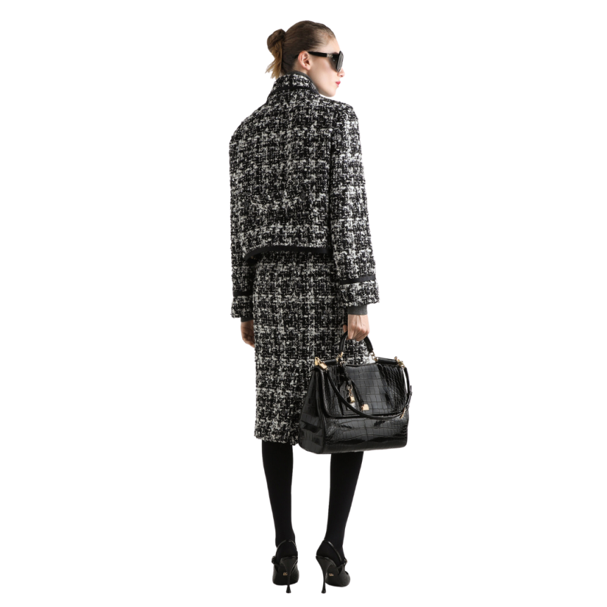 Veste courte croisée DOLCE & GABBANA laine mélangée tweed carreaux noir blanc