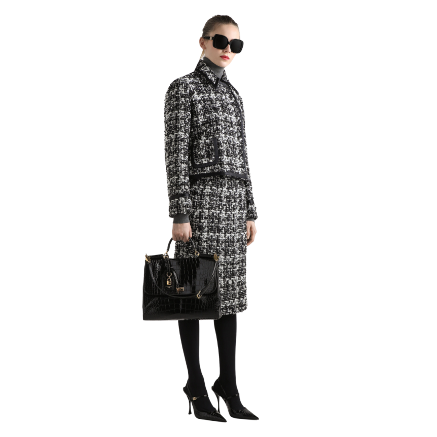 Veste courte croisée DOLCE & GABBANA laine mélangée tweed carreaux noir blanc
