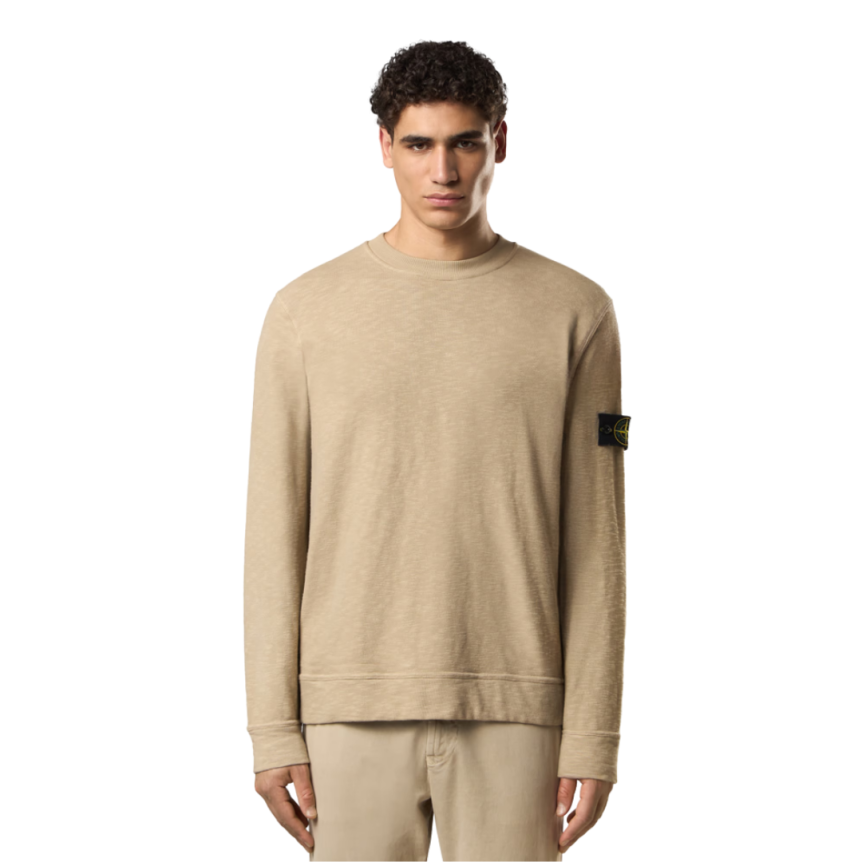 Sweat-shirt ras-du-cou STONE ISLAND jersey épais coton gratté vanisé beige