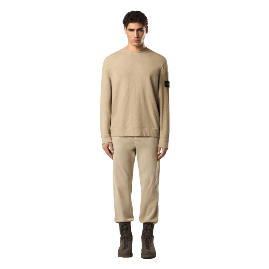 Sweat-shirt ras-du-cou STONE ISLAND jersey épais coton gratté vanisé beige