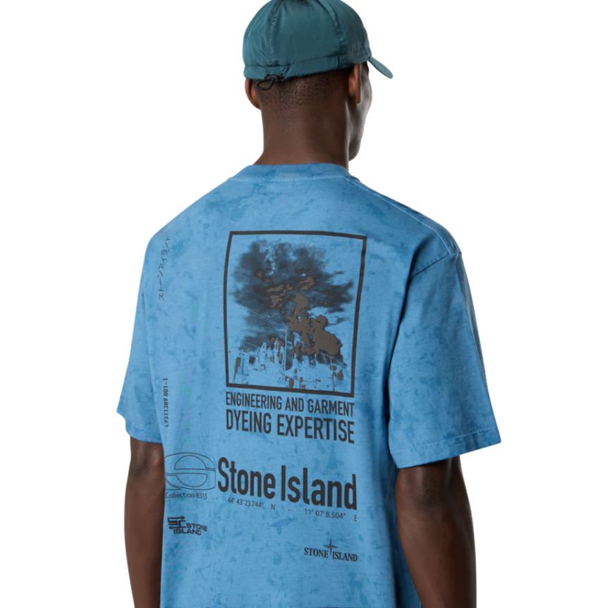 T-shirt col rond STONE ISLAND manche courte coton bleu acier imprimé Megacity Sky