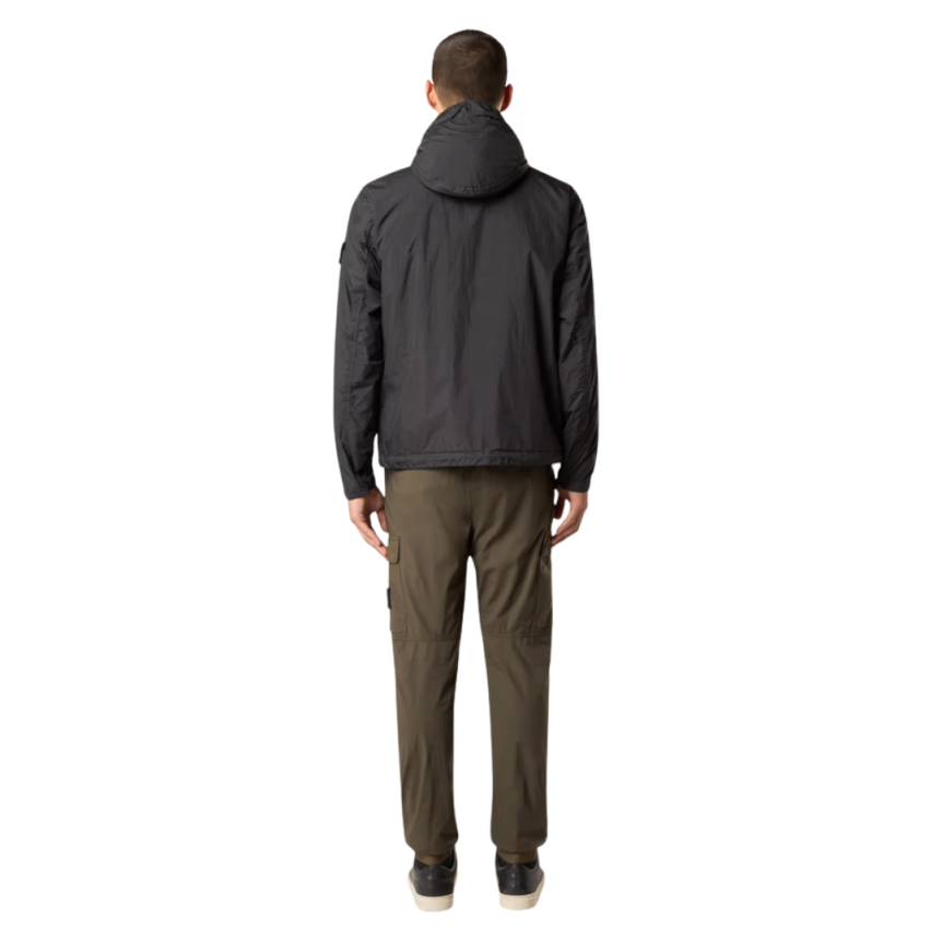 Blouson léger à capuche STONE ISLAND Crinkle Rep noir poche poitrine