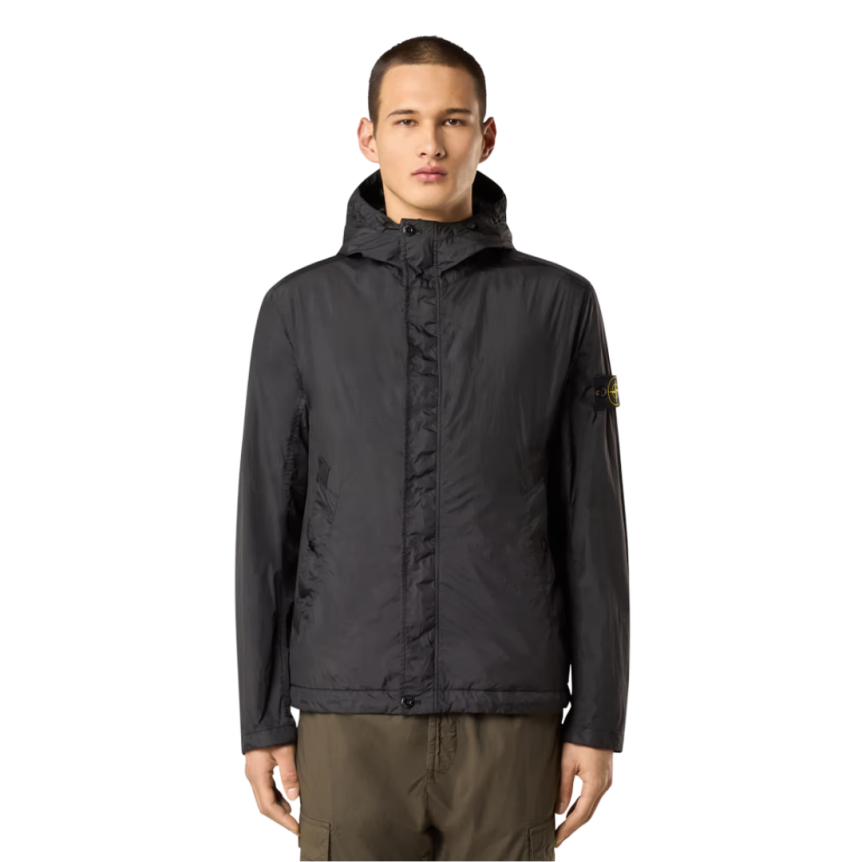 Blouson léger à capuche STONE ISLAND Crinkle Rep noir poche poitrine