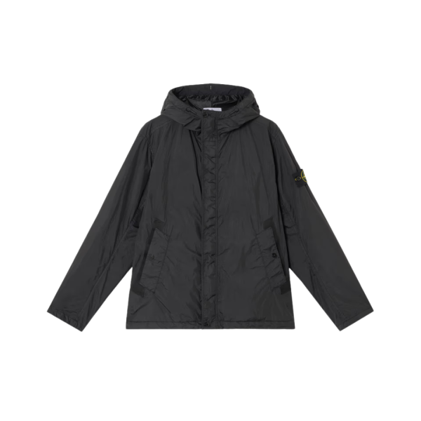 Blouson léger à capuche STONE ISLAND Crinkle Rep noir poche poitrine