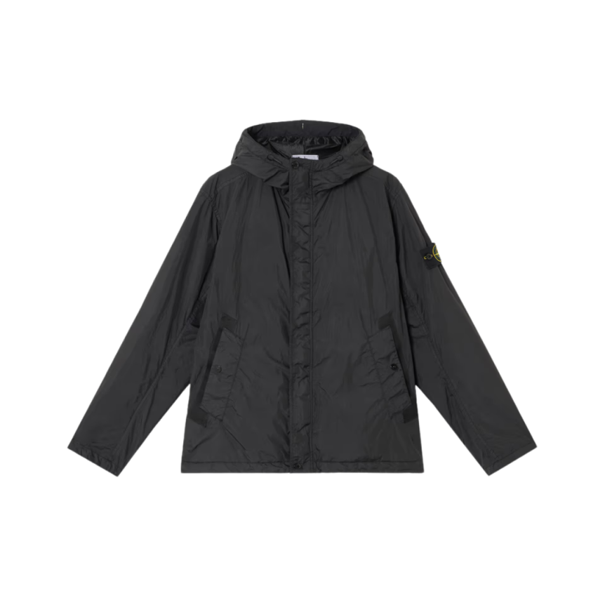 Blouson léger à capuche STONE ISLAND Crinkle Rep noir poche poitrine