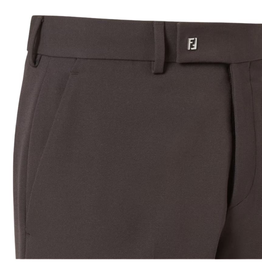 Pantalon cigarette FENDI laine marron logo micro FF métal
