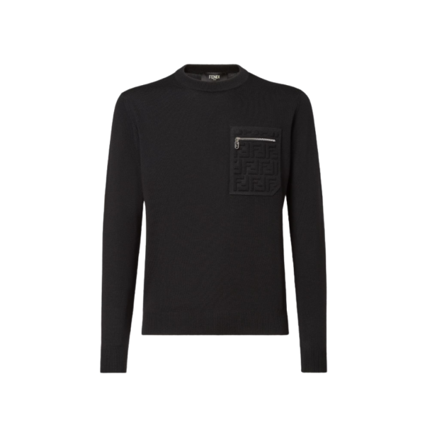 Pull col rond FENDI laine noire poche zippée motif FF relief noir