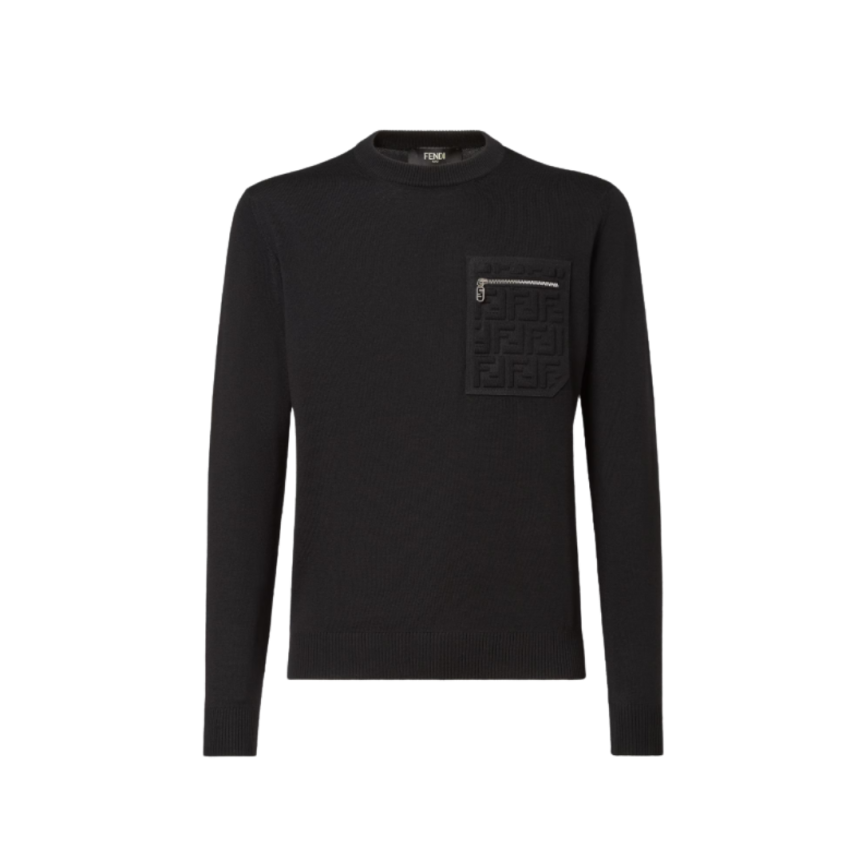 Pull col rond FENDI laine noire poche zippée motif FF relief noir