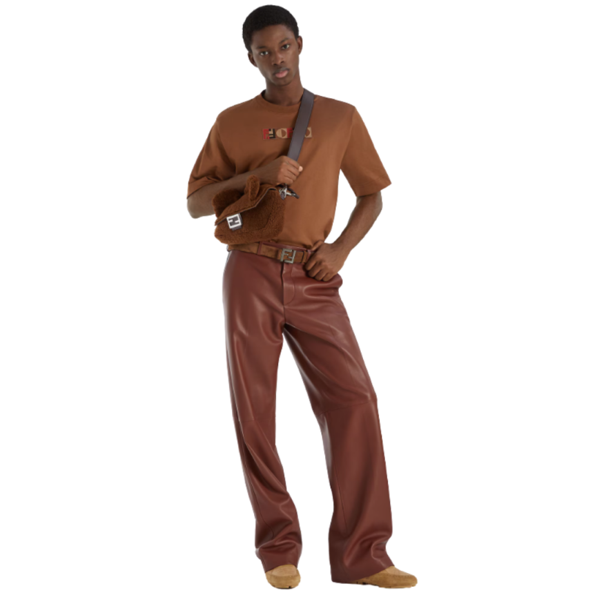 T-shirt classique FENDI col rond manche courte coton marron motif 3D poitrine