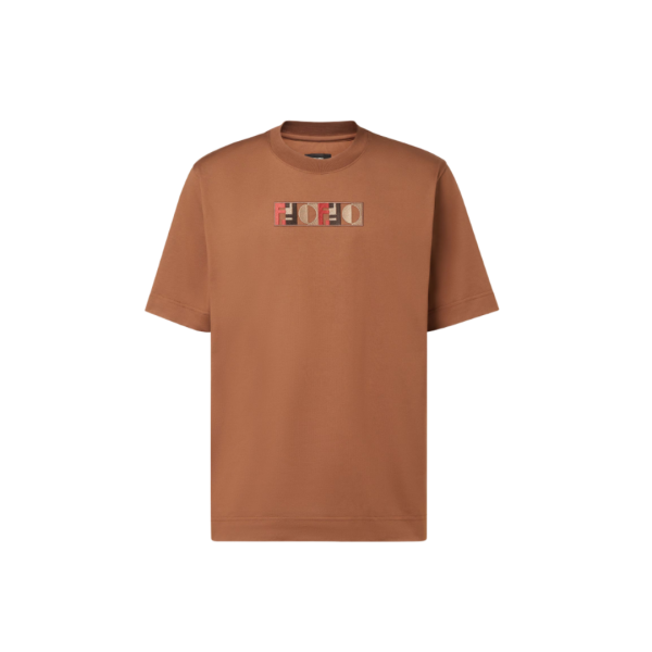 T-shirt classique FENDI col rond manche courte coton marron motif 3D poitrine