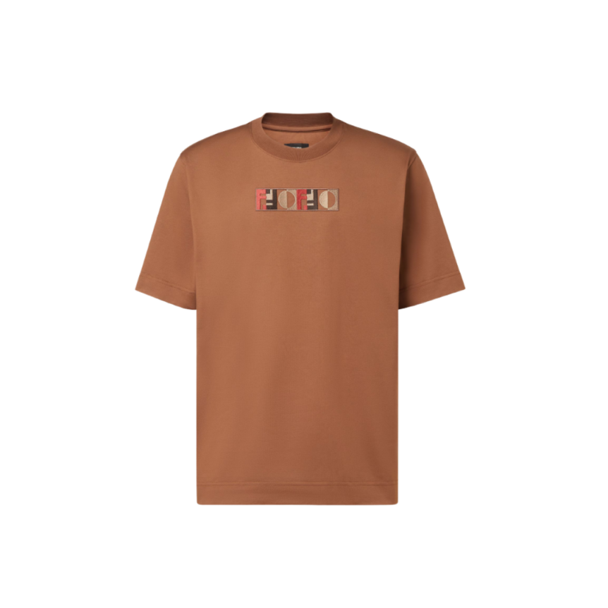T-shirt classique FENDI col rond manche courte coton marron motif 3D poitrine