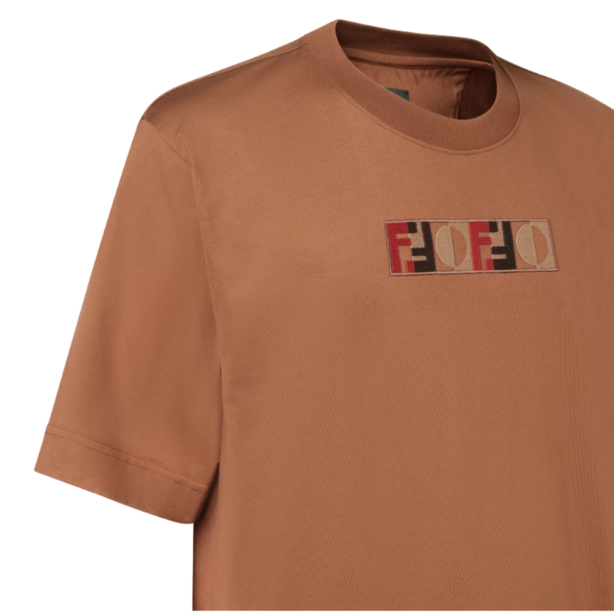 T-shirt classique FENDI col rond manche courte coton marron motif 3D poitrine