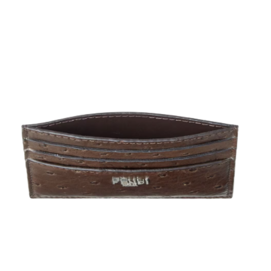 Porte-cartes FENDI cuir autruche marron logo métal