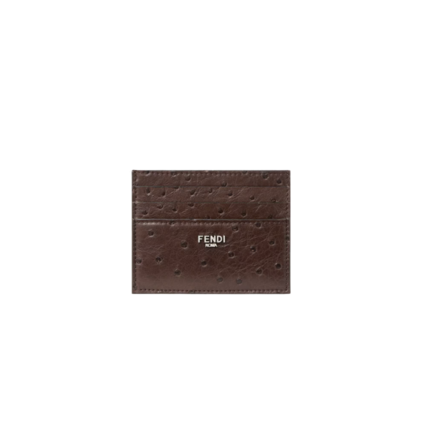 Porte-cartes FENDI cuir autruche marron logo métal
