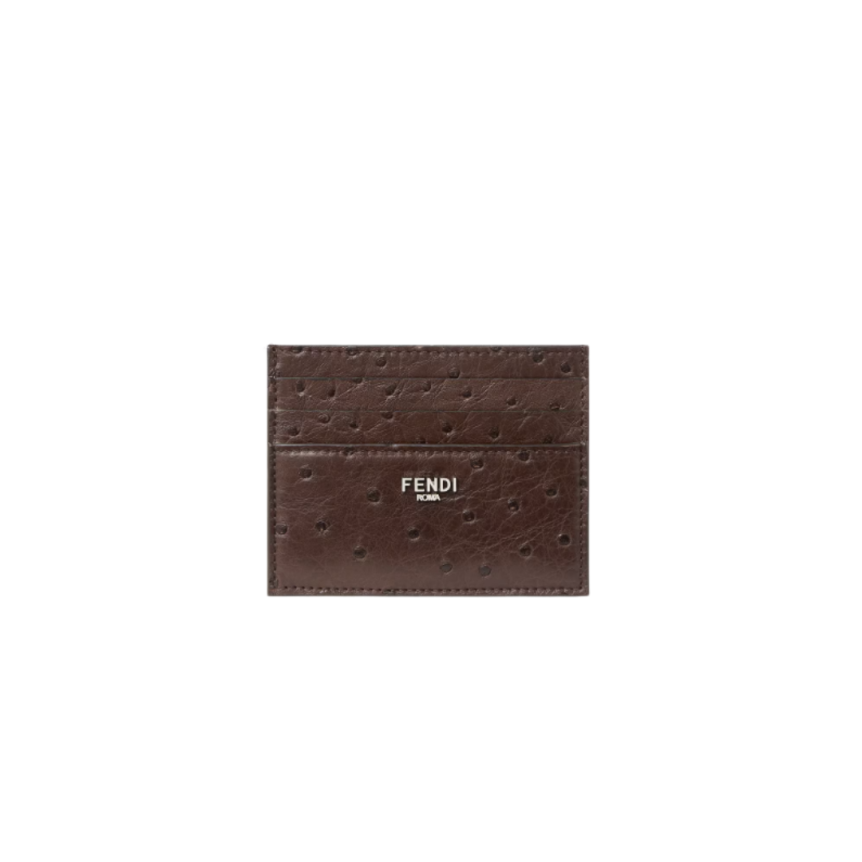 Porte-cartes FENDI cuir autruche marron logo métal