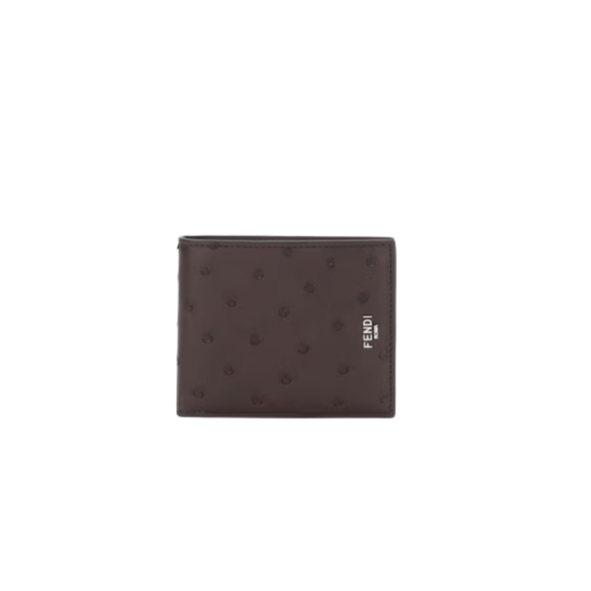 Portefeuille porte-cartes FENDI cuir autruche marron logo métal
