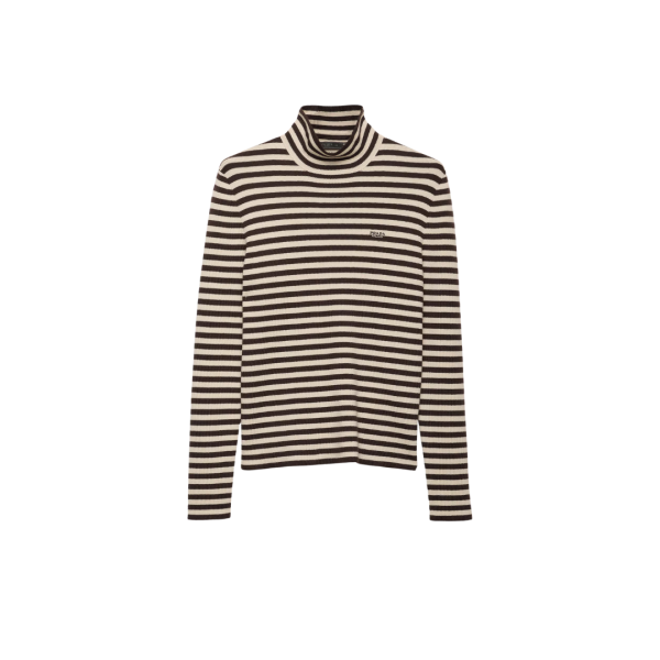 Pull col montant PRADA laine extra fine écru rayures marron