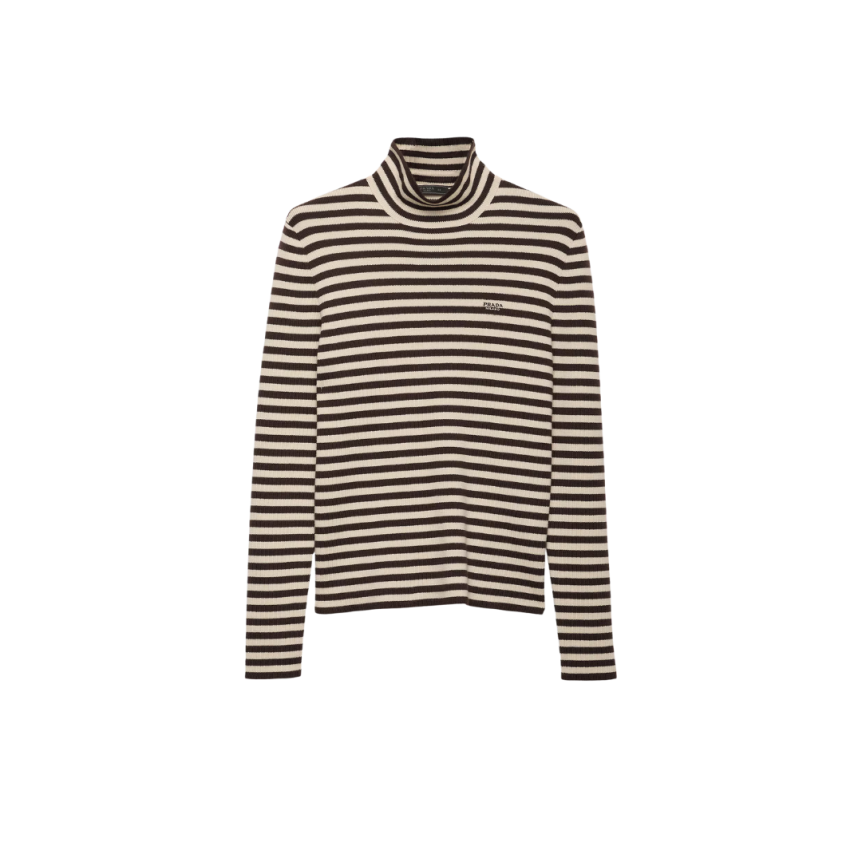 Pull col montant PRADA laine extra fine écru rayures marron