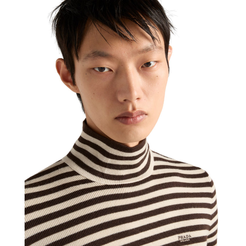 Pull col montant PRADA laine extra fine écru rayures marron