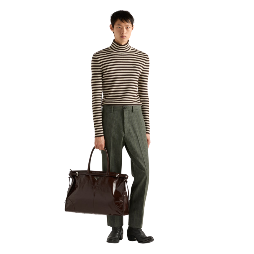 Pull col montant PRADA laine extra fine écru rayures marron