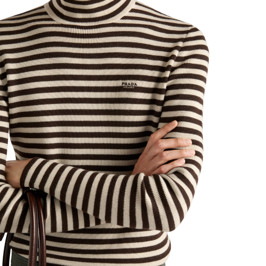 Pull col montant PRADA laine extra fine écru rayures marron