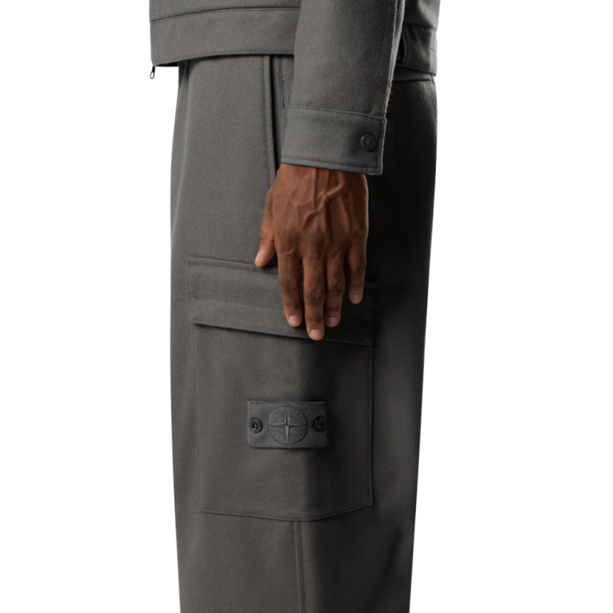 Pantalon ample cargo STONE ISLAND laine nylon flanelle gris logo Ghost ton sur ton