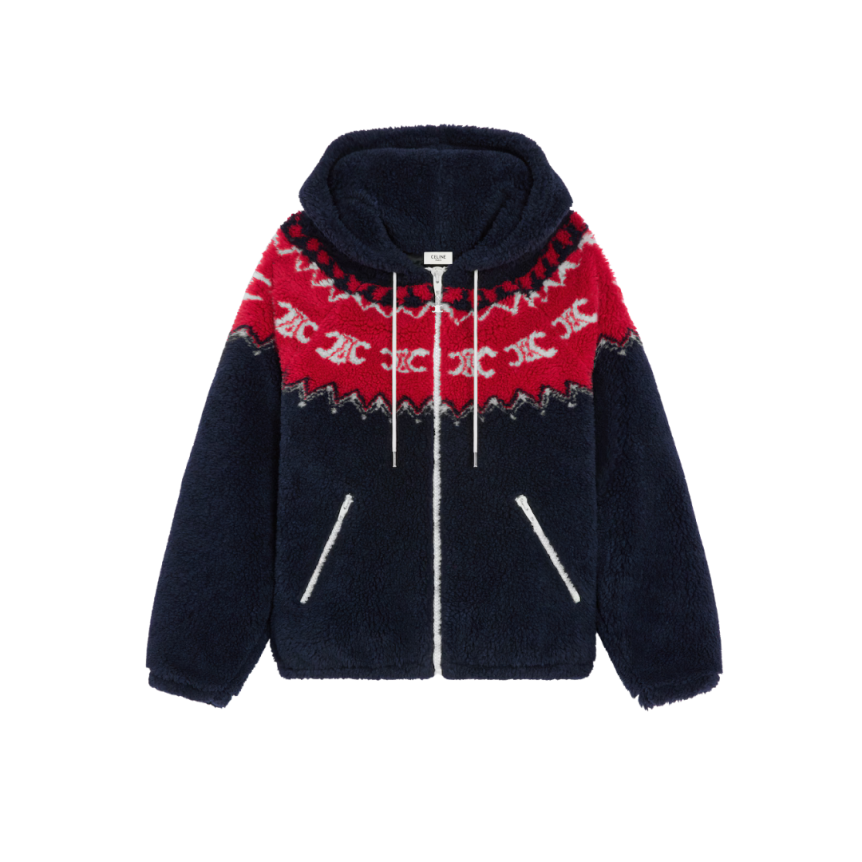 Veste à capuche zippée CELINE polaire bleu marine jacquard rouge Triomphe Fair Isle