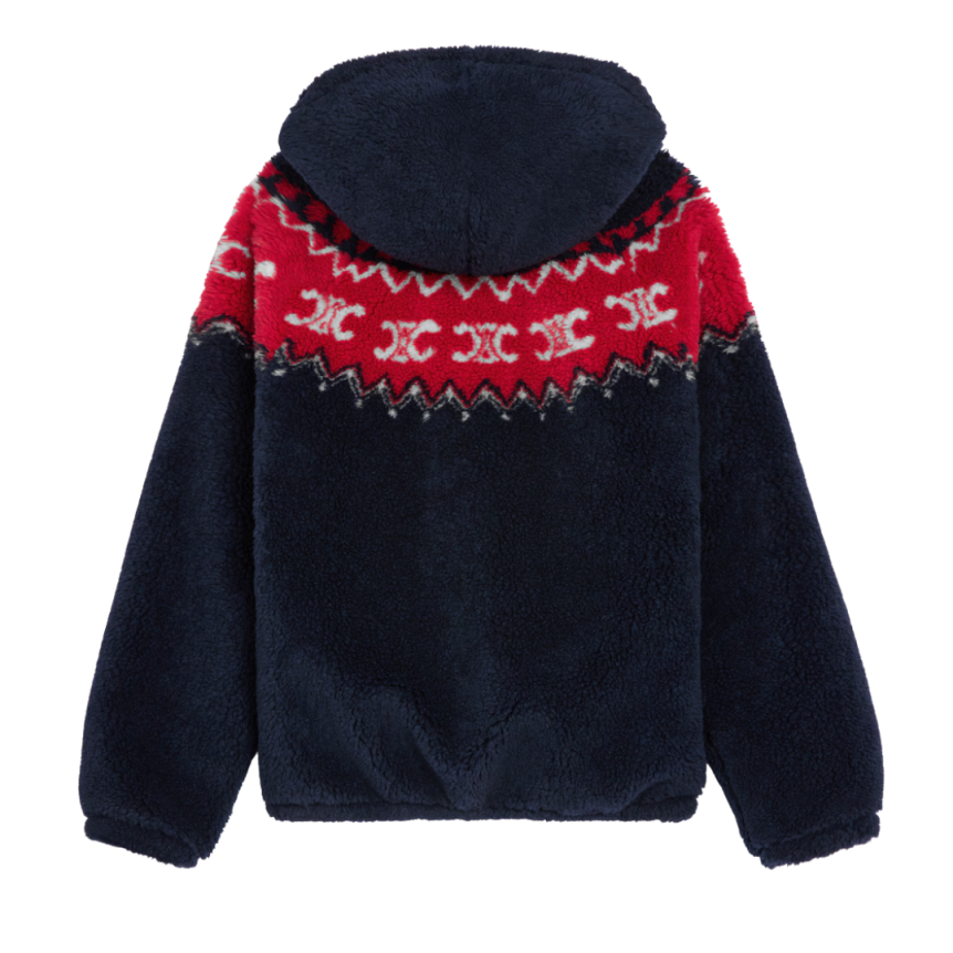 Veste à capuche zippée CELINE polaire bleu marine jacquard rouge Triomphe Fair Isle