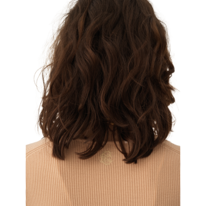 Pull CHLOE Henley col V ajusté laine mérinos rose miel boutons broderie C baroque dos