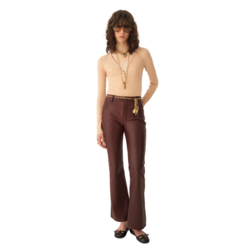 Pull CHLOE Henley col V ajusté laine mérinos rose miel boutons broderie C baroque dos