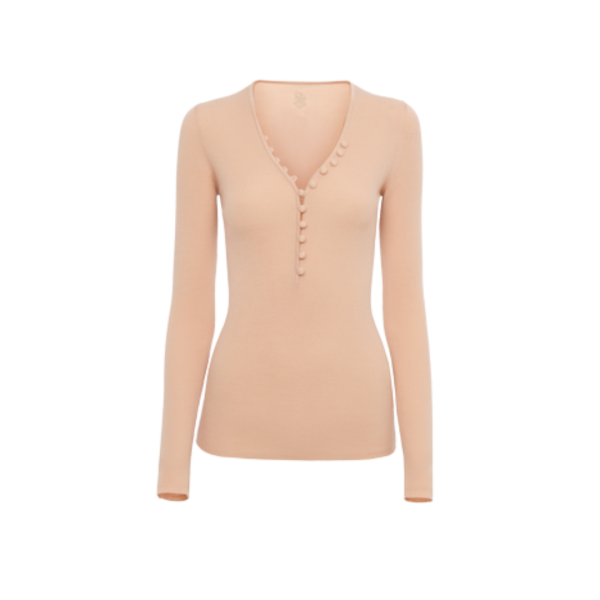 Pull CHLOE Henley col V ajusté laine mérinos rose miel boutons broderie C baroque dos