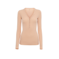Pull Henley col V ajusté laine mérinos rose miel boutons broderie C baroque dos