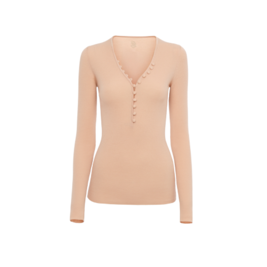 Pull CHLOE Henley col V ajusté laine mérinos rose miel boutons broderie C baroque dos