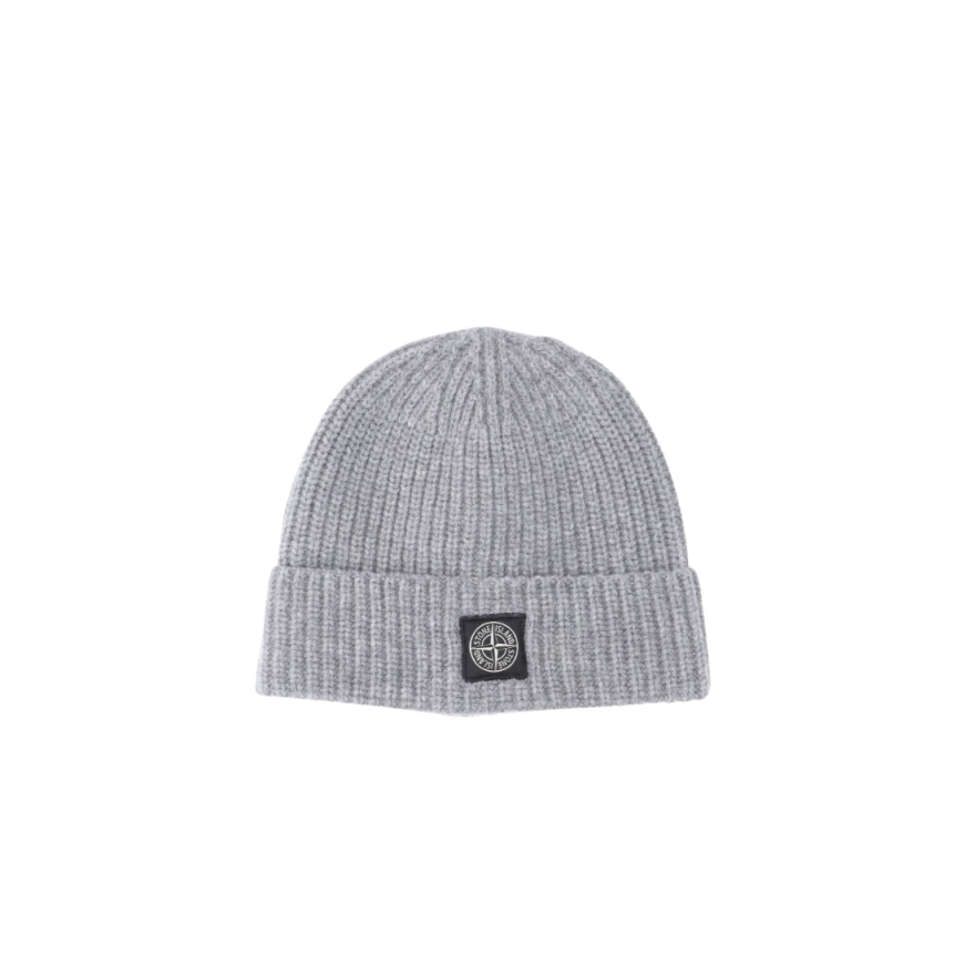 Bonnet STONE ISLAND laine vierge gris clair revers côtelé écusson Compass