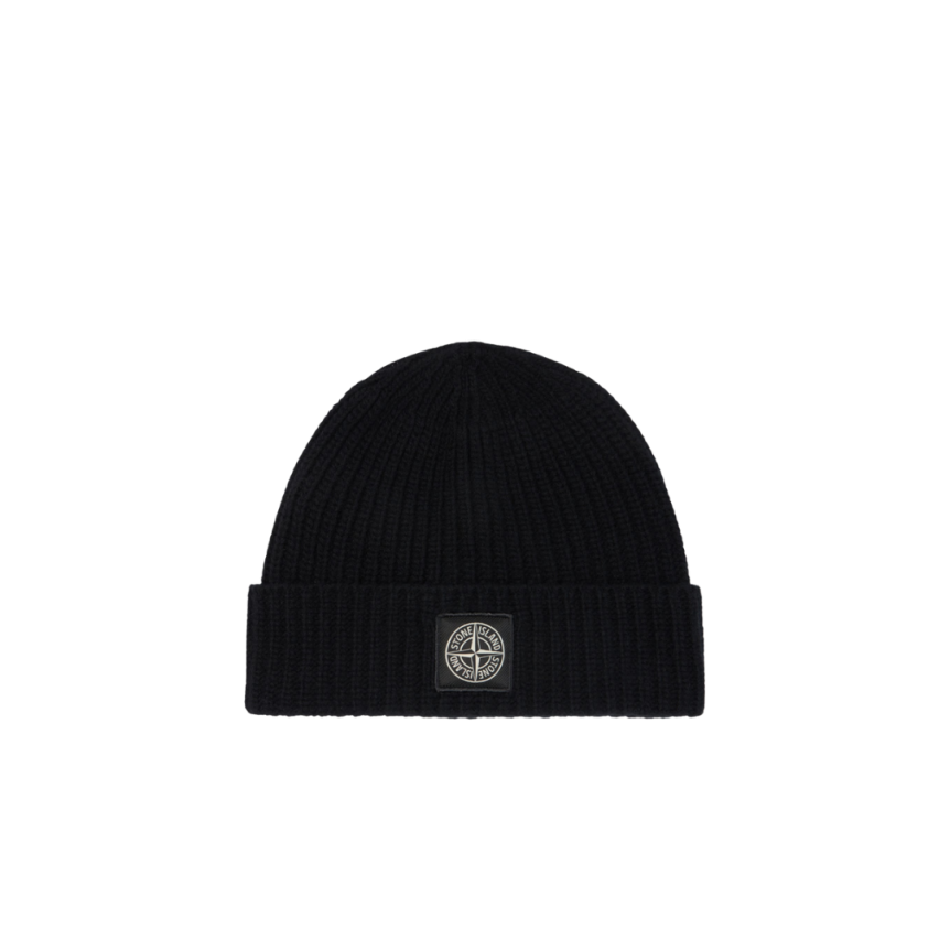 Bonnet STONE ISLAND laine vierge noir revers écusson Compass